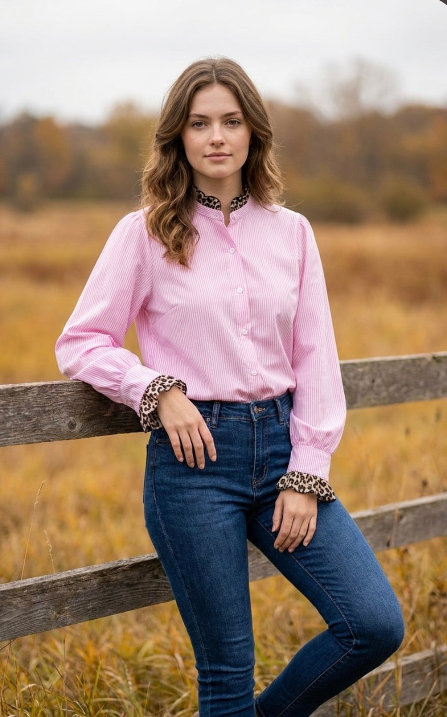 Loose Striped Leopard Cuff and Collar Shirt