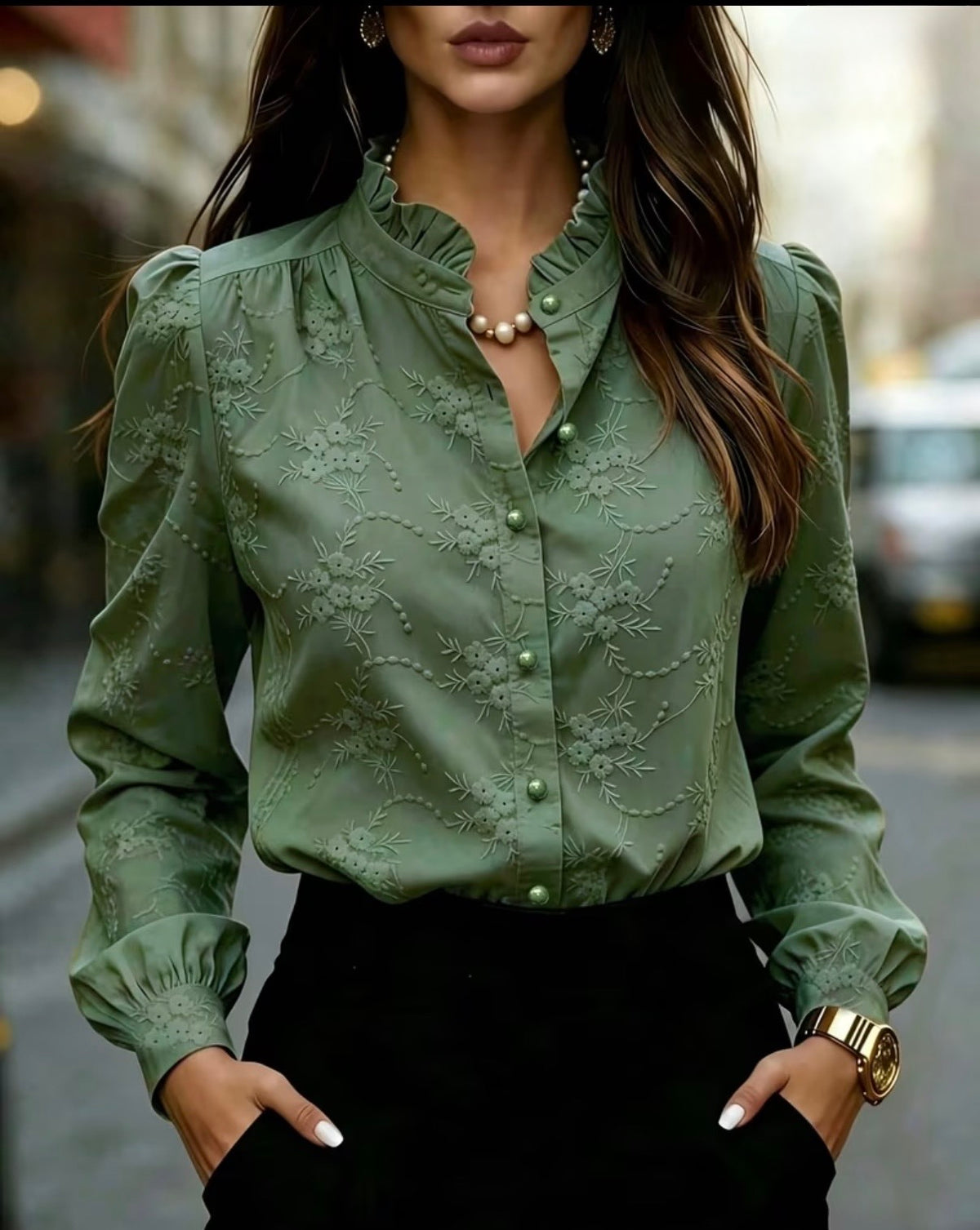 Long sleeve ear-ruffle blouse
