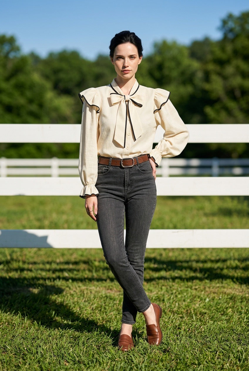French Color-Block Long sleeve Blouse