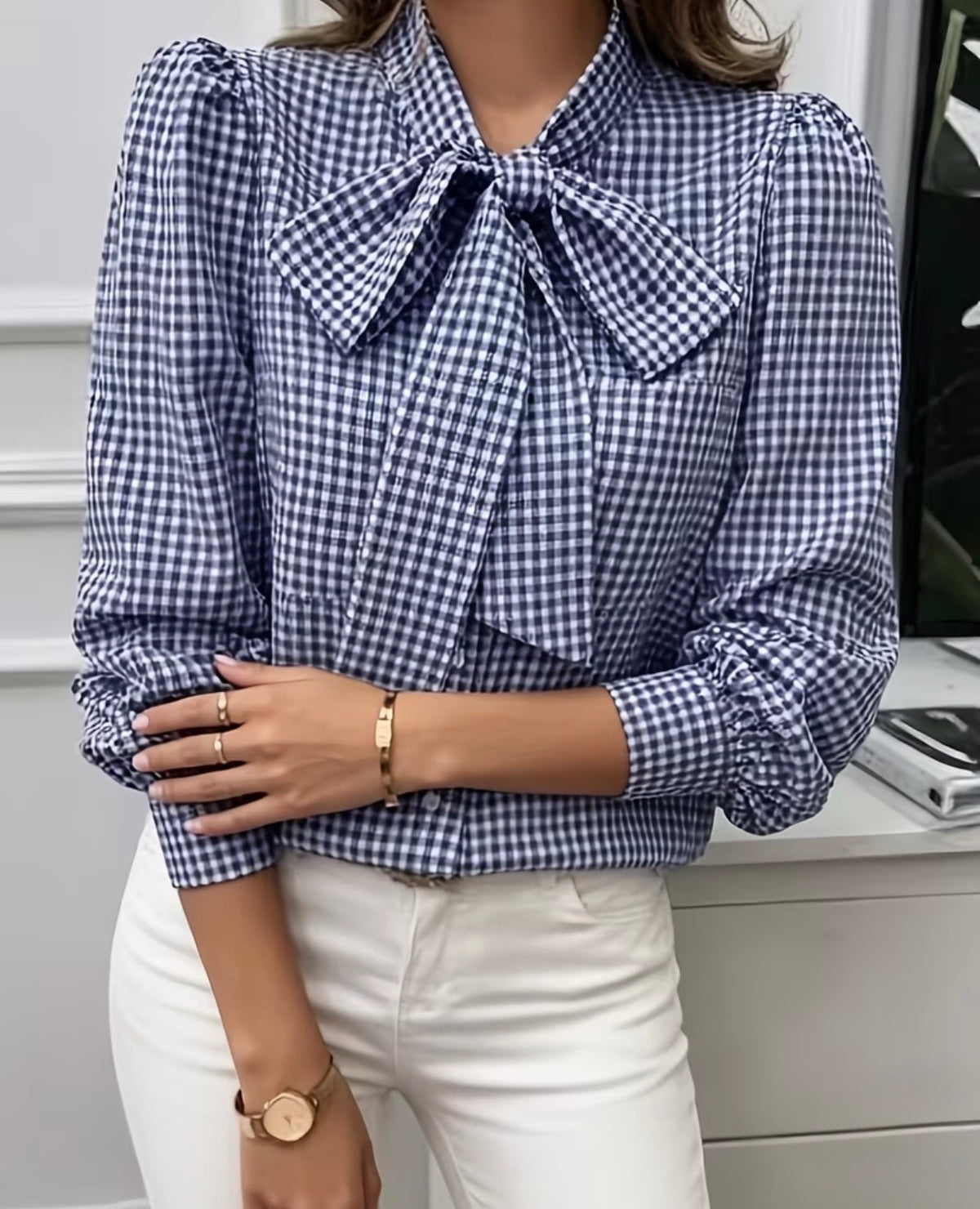French Vintage Plaid Women’s Long-Sleeve Blouse