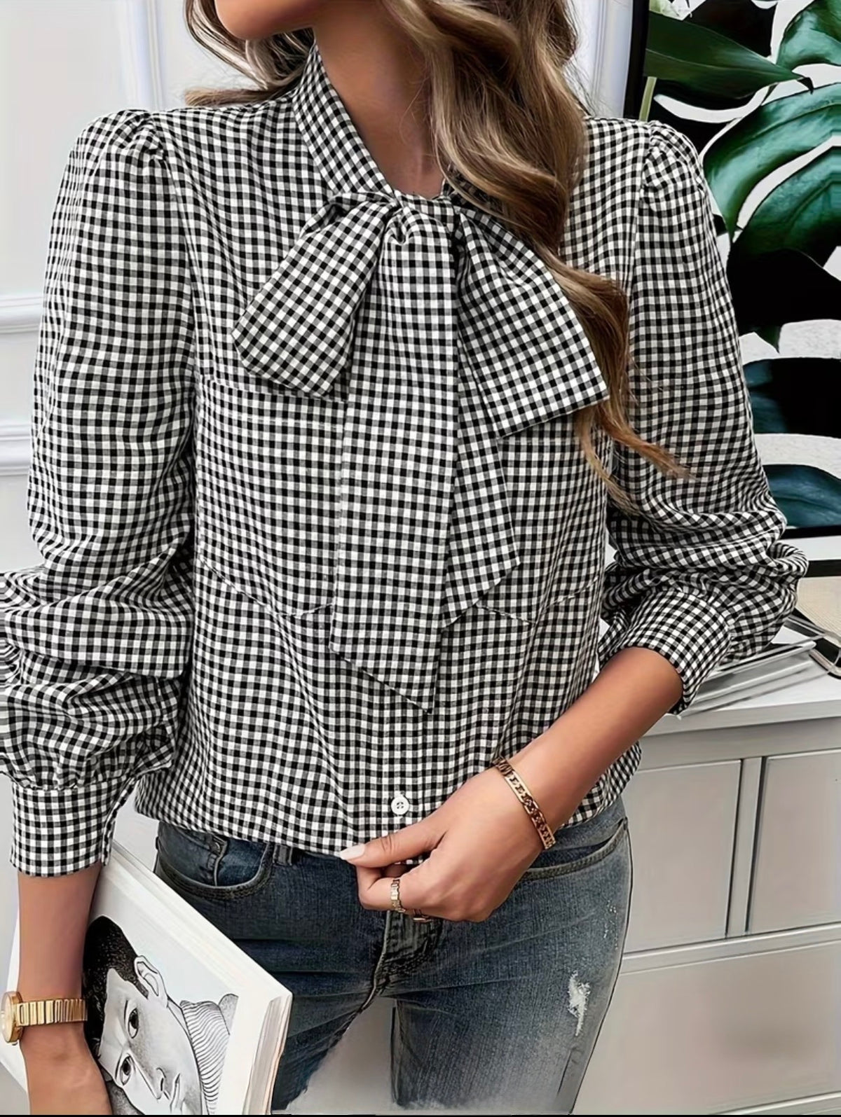 French Vintage Plaid Women’s Long-Sleeve Blouse