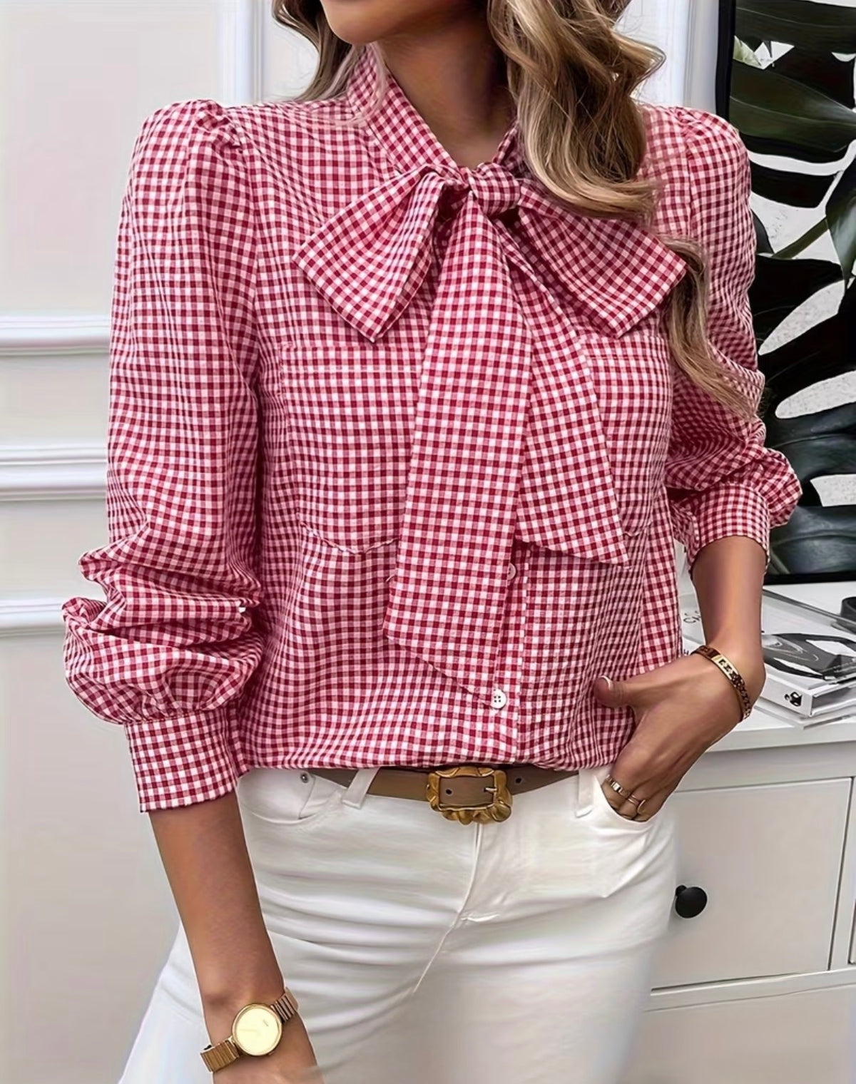 French Vintage Plaid Women’s Long-Sleeve Blouse