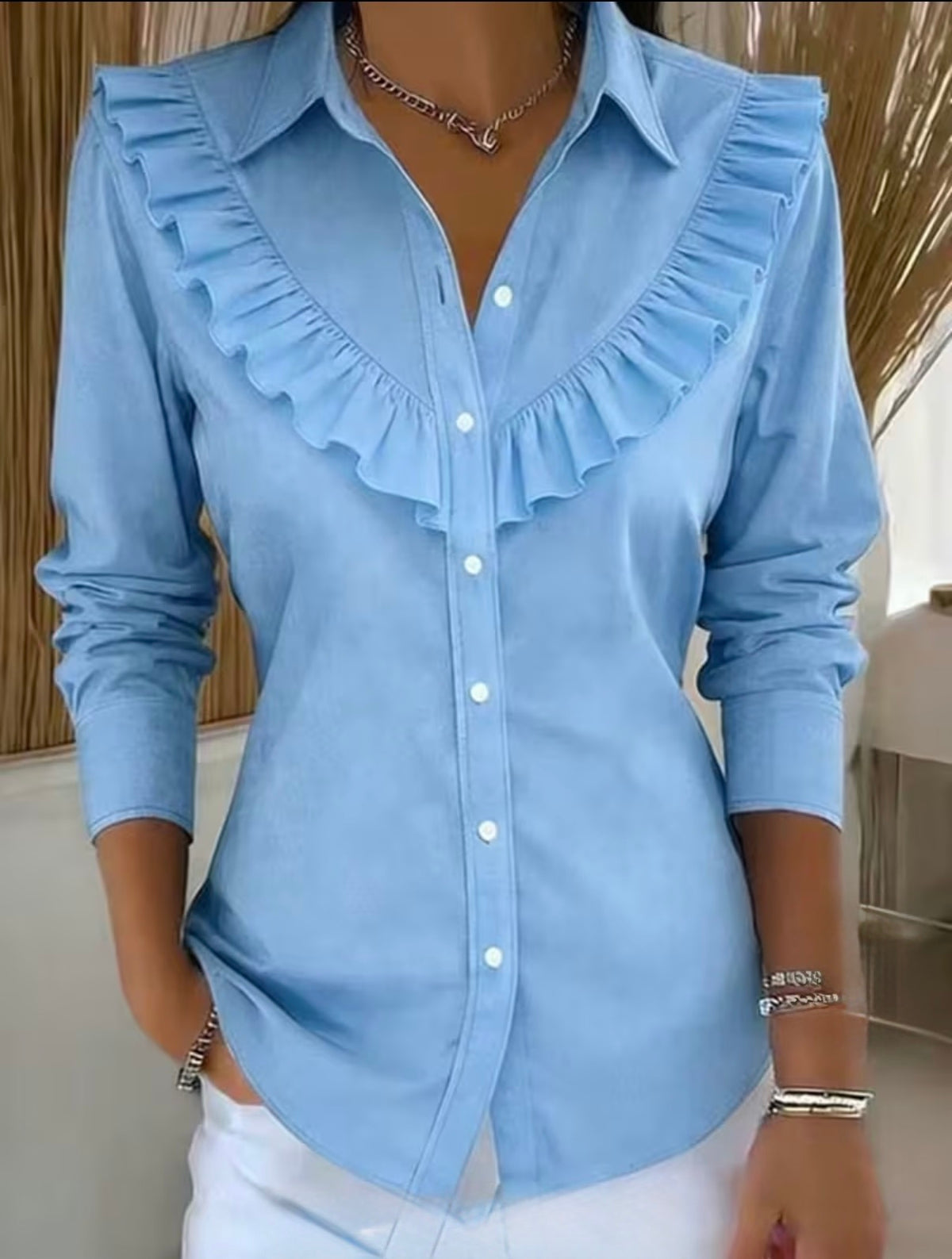 Lapel Pleated Edge Ladies Blouse