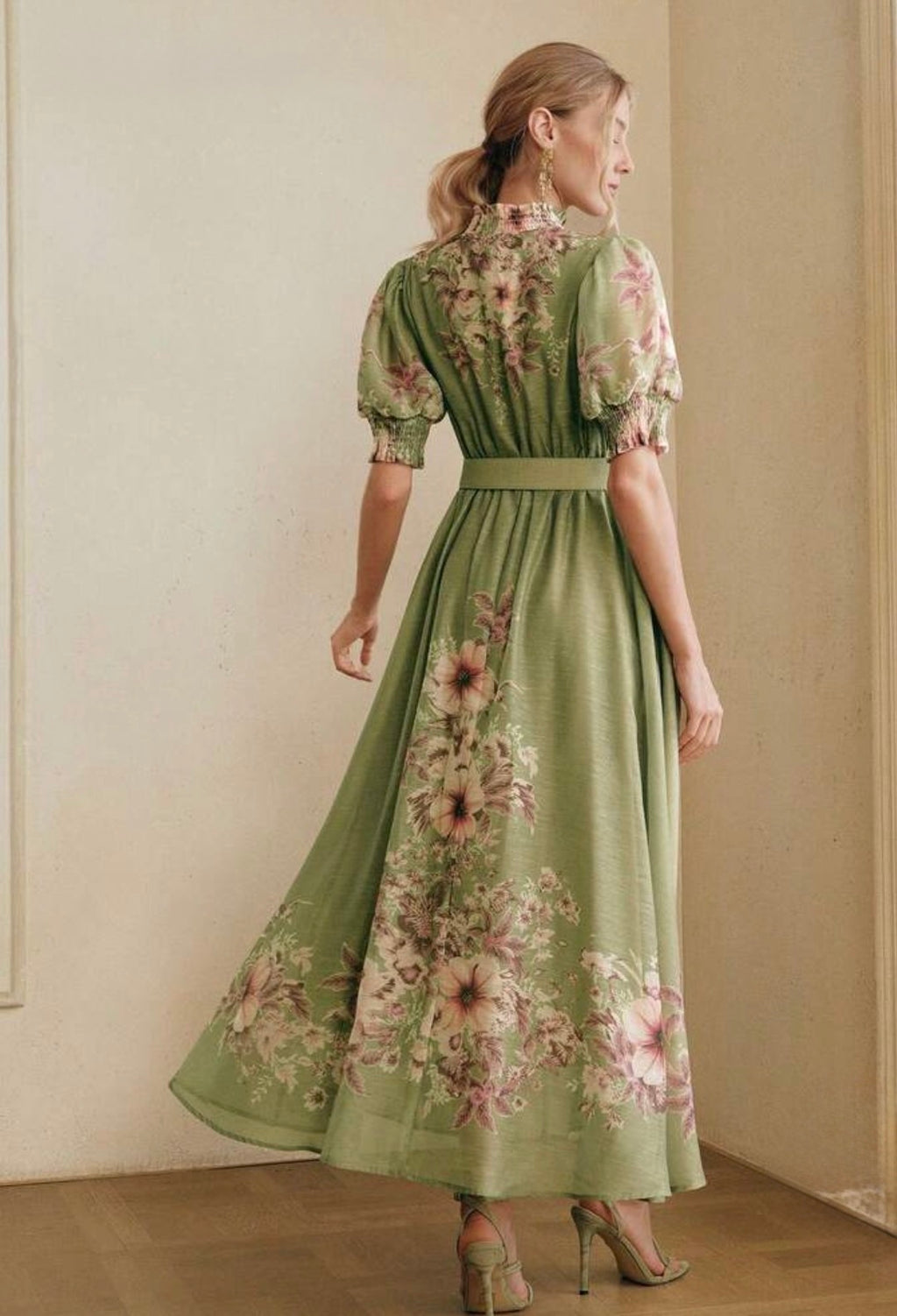 Olive Green High-End Floral Print Dress