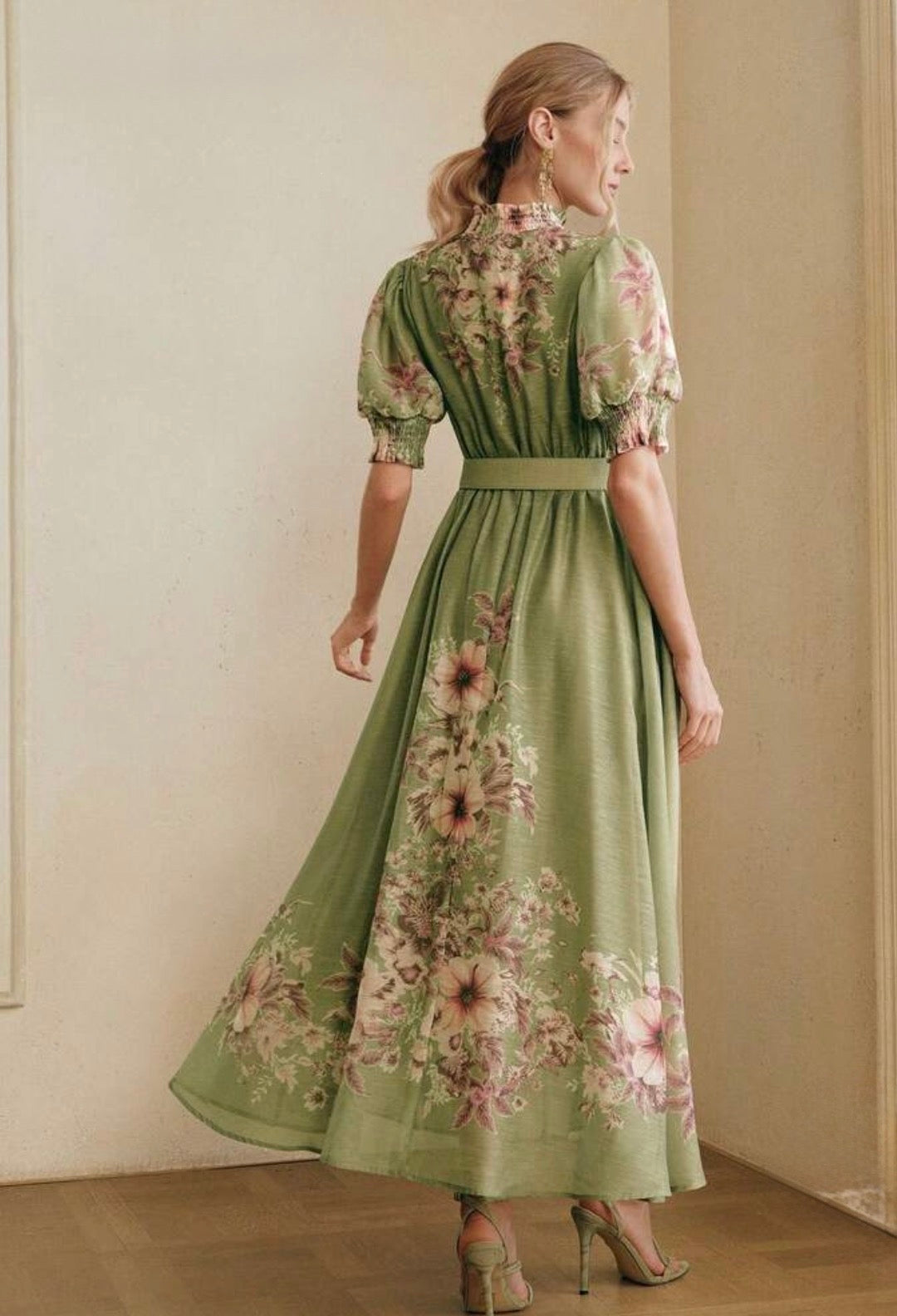 Olive Green High-End Floral Print Dress