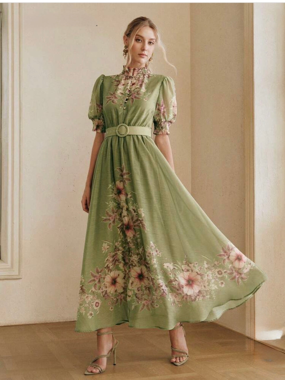 Olive Green High-End Floral Print Dress