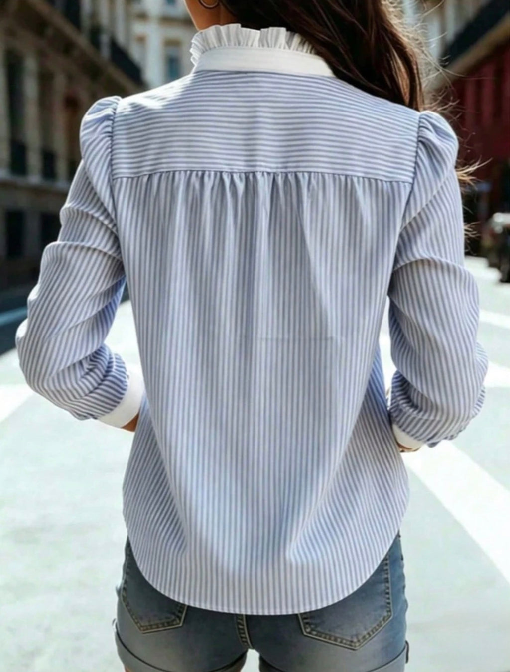 Striped Ruffle Collar Puff Sleeve Blouse