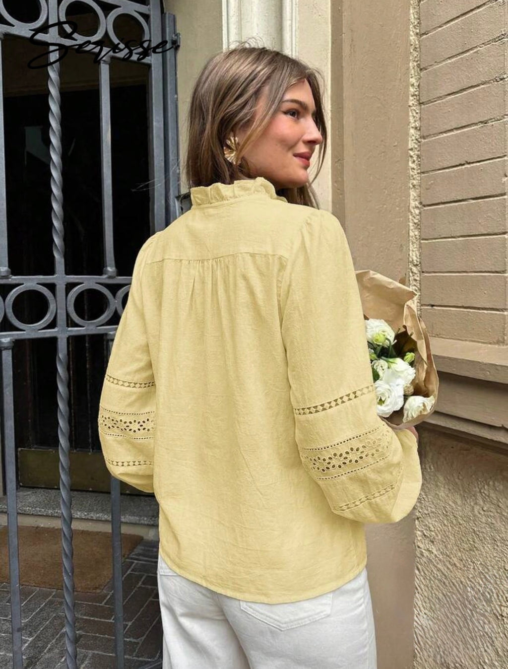 Ruffled Collar Lantern Sleeve Blouse