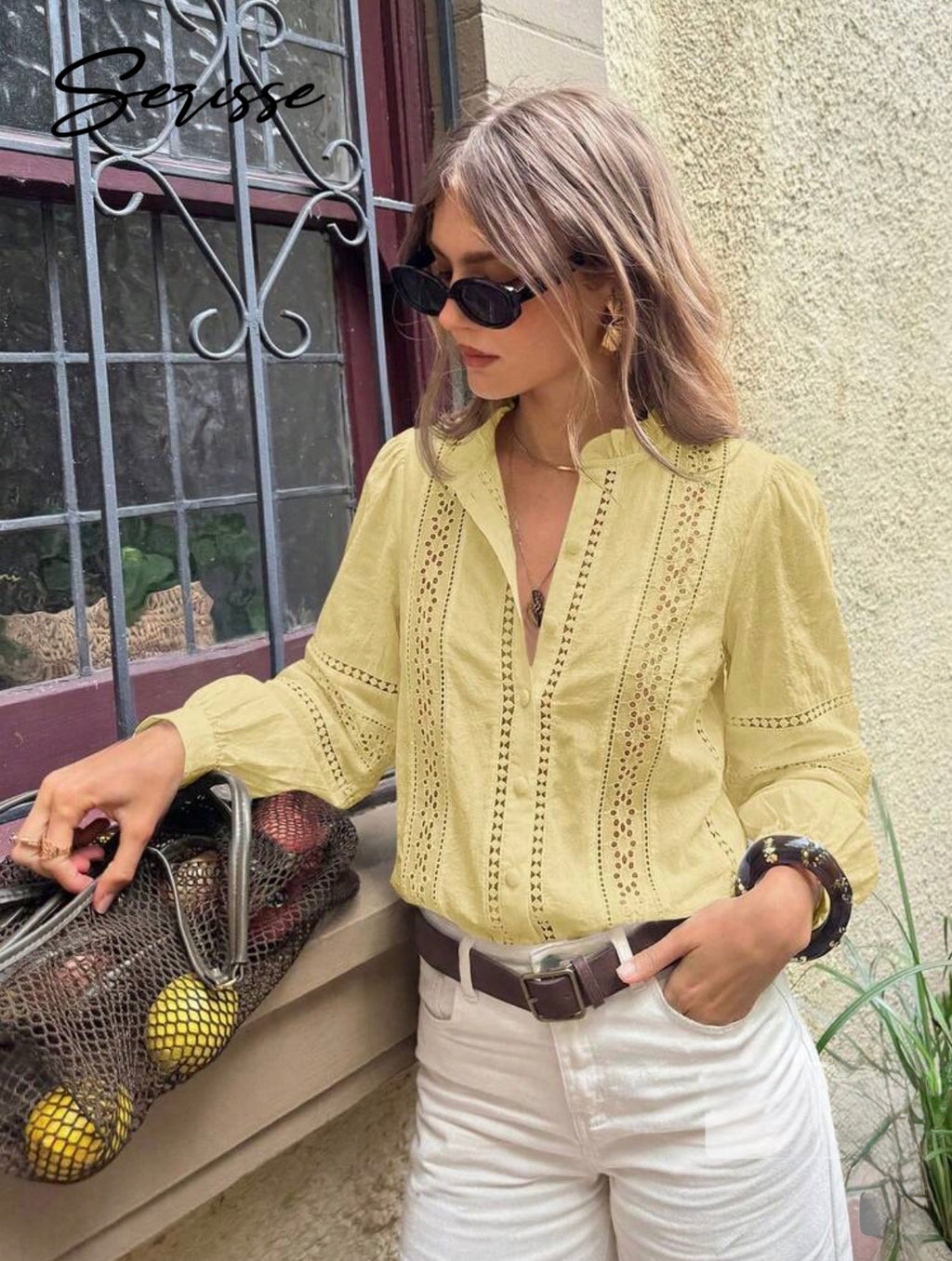 Ruffled Collar Lantern Sleeve Blouse