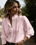 Pink Ruffled Collar Lantern Sleeve Blouse