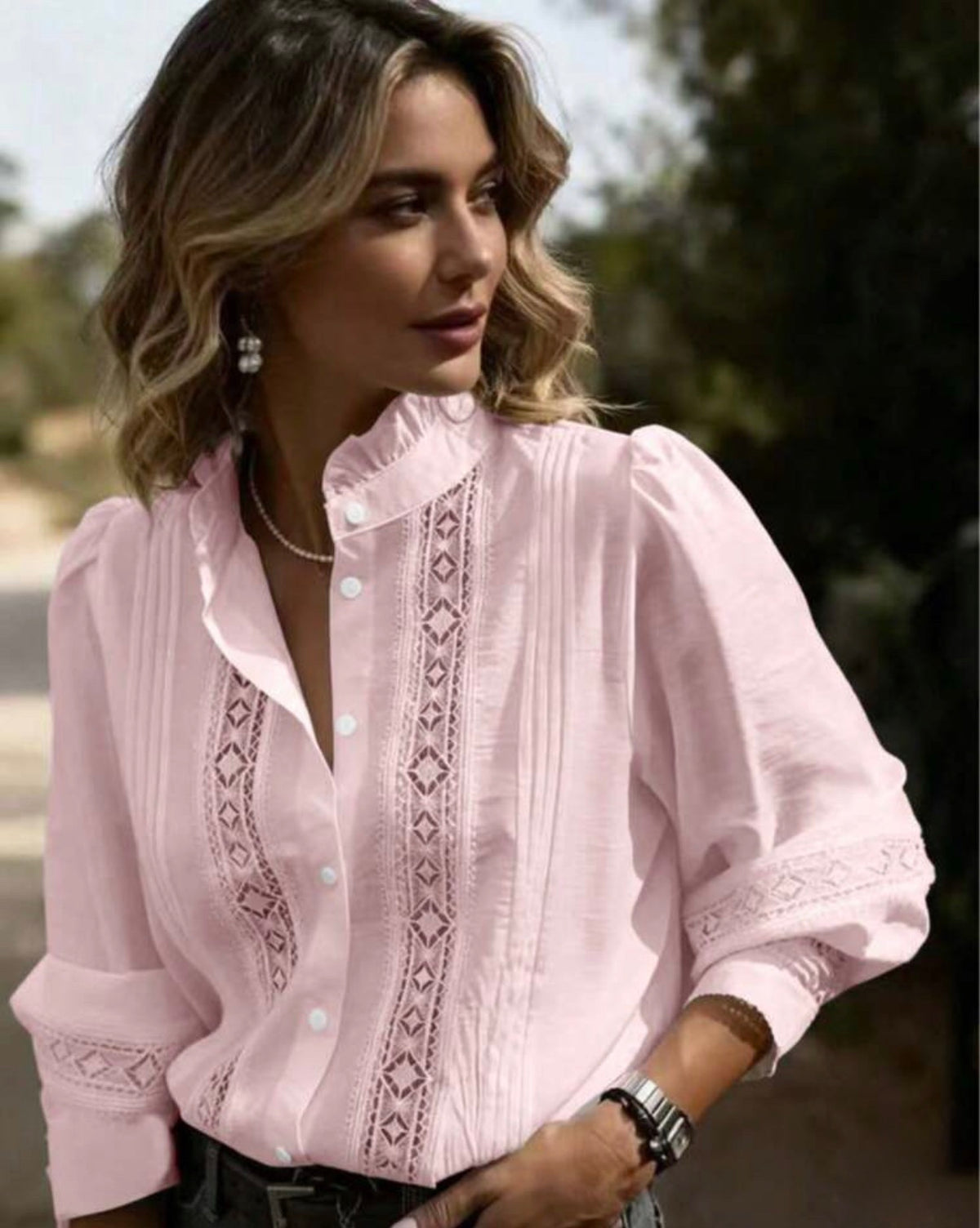 Pink Ruffled Collar Lantern Sleeve Blouse