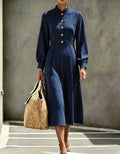 Women’s Elegant Navy Blue Striped Long-Sleeve Dress