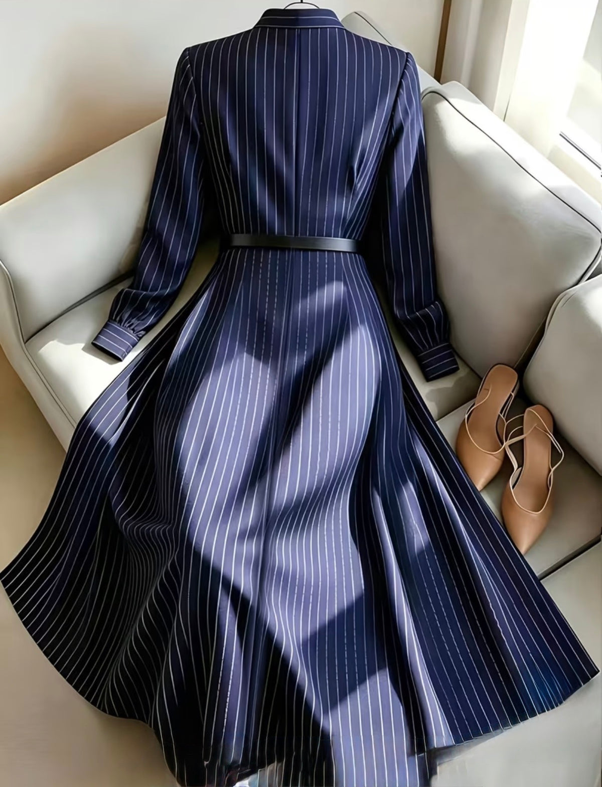 Women’s Elegant Navy Blue Striped Long-Sleeve Dress