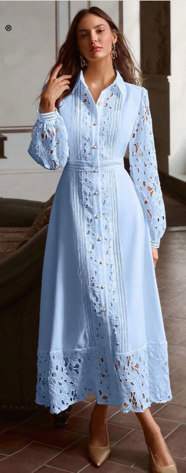 Elegant Solid Colour Hollow Lace Patchwork Dress