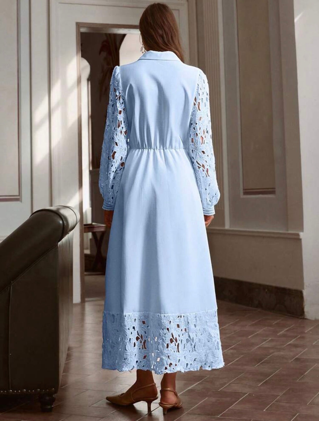 Elegant Solid Colour Hollow Lace Patchwork Dress
