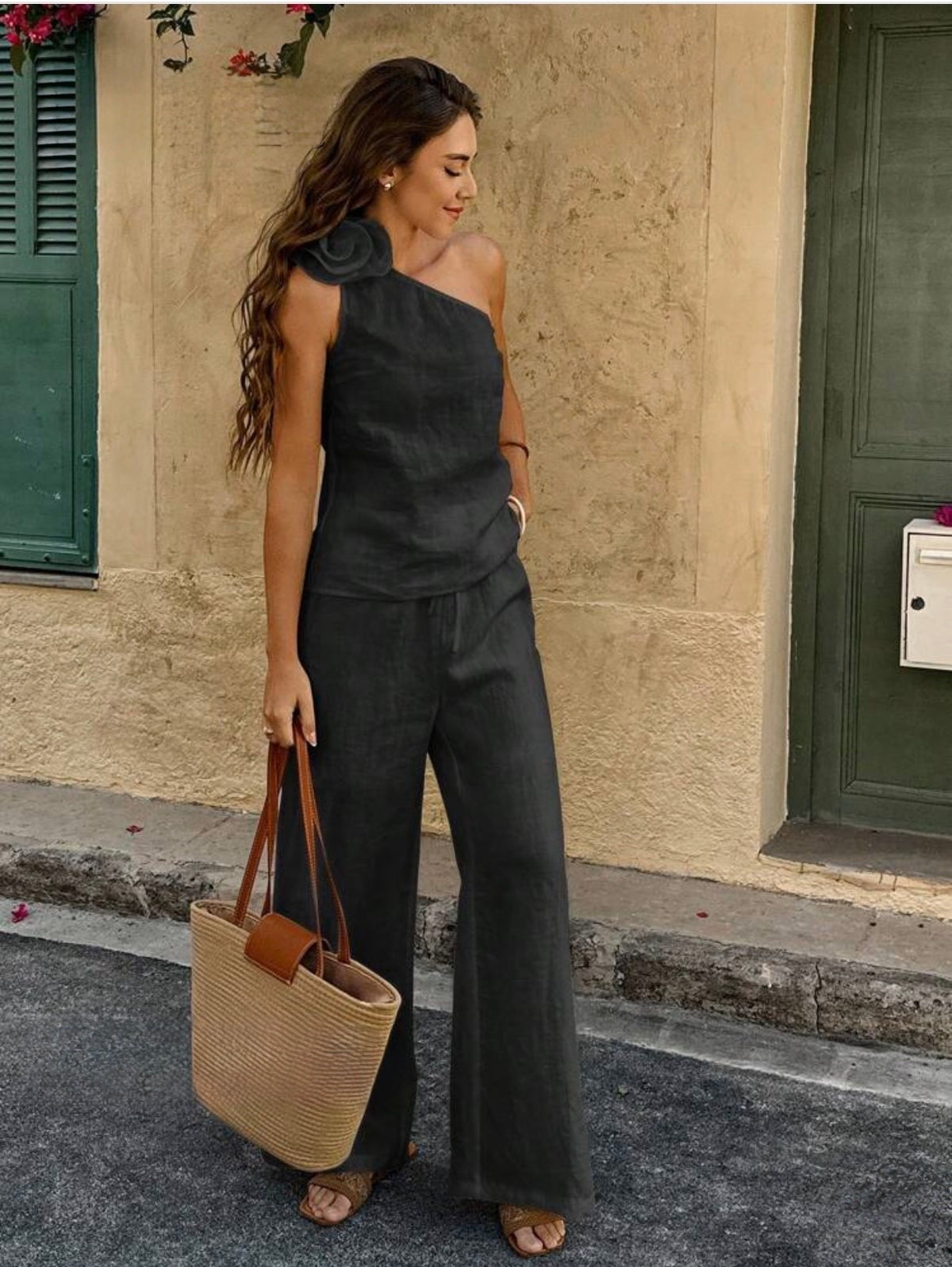 Women’s 2 Piece Asymmetric Neck with Floral Top and Pants Set