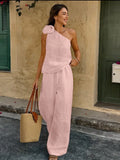 Women’s 2 Piece Asymmetric Neck with Floral Top and Pants Set
