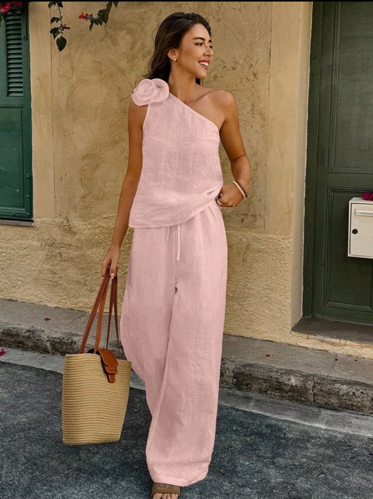 Women’s 2 Piece Asymmetric Neck with Floral Top and Pants Set