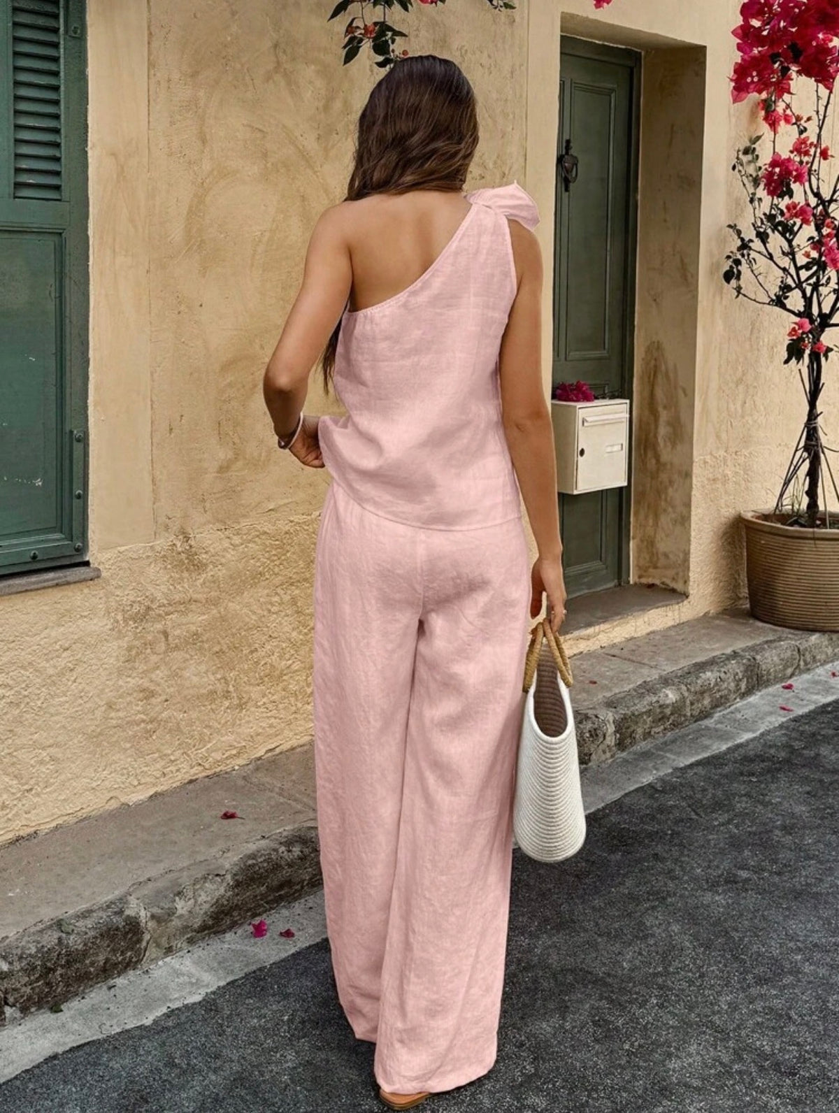Women’s 2 Piece Asymmetric Neck with Floral Top and Pants Set