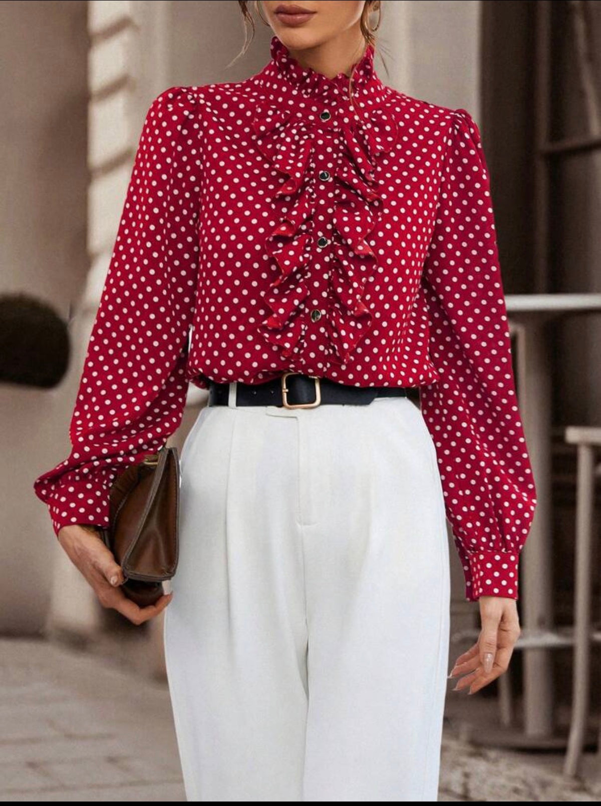 Women's Polka Dot Ruffle Trim Blouse