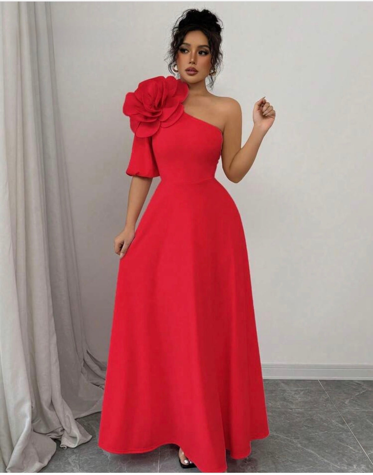 Women’s Asymmetrical Neck Dress with 3D Floral Detail