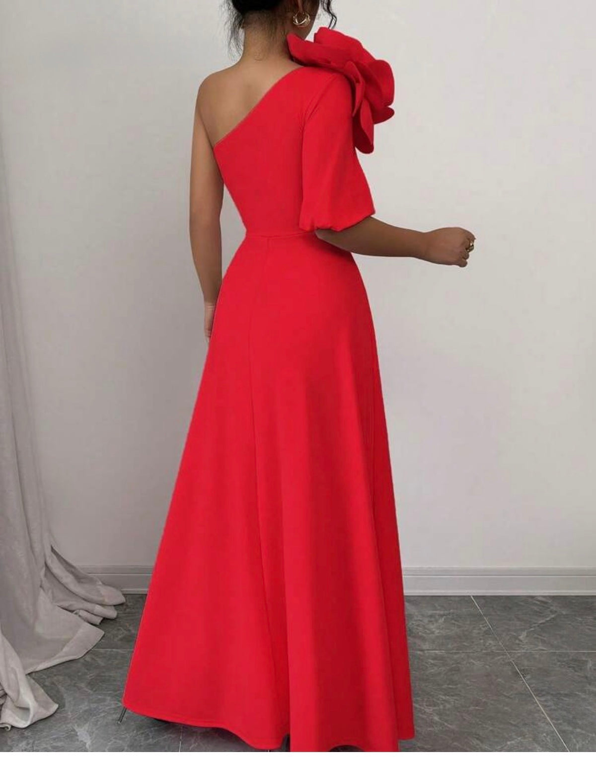 Women’s Asymmetrical Neck Dress with 3D Floral Detail
