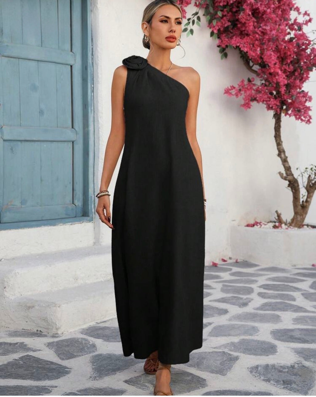 Women’s Casual Loose Linen Blend oblique shoulder Dress