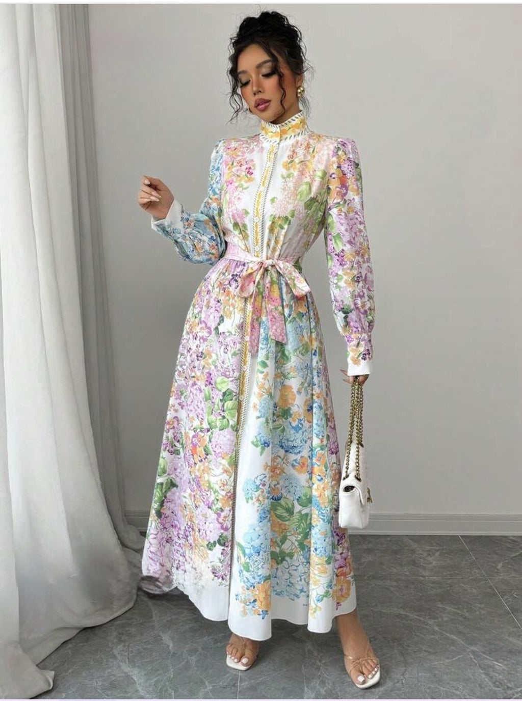 Rafferiza French Elegant Floral Print Puff Sleeve