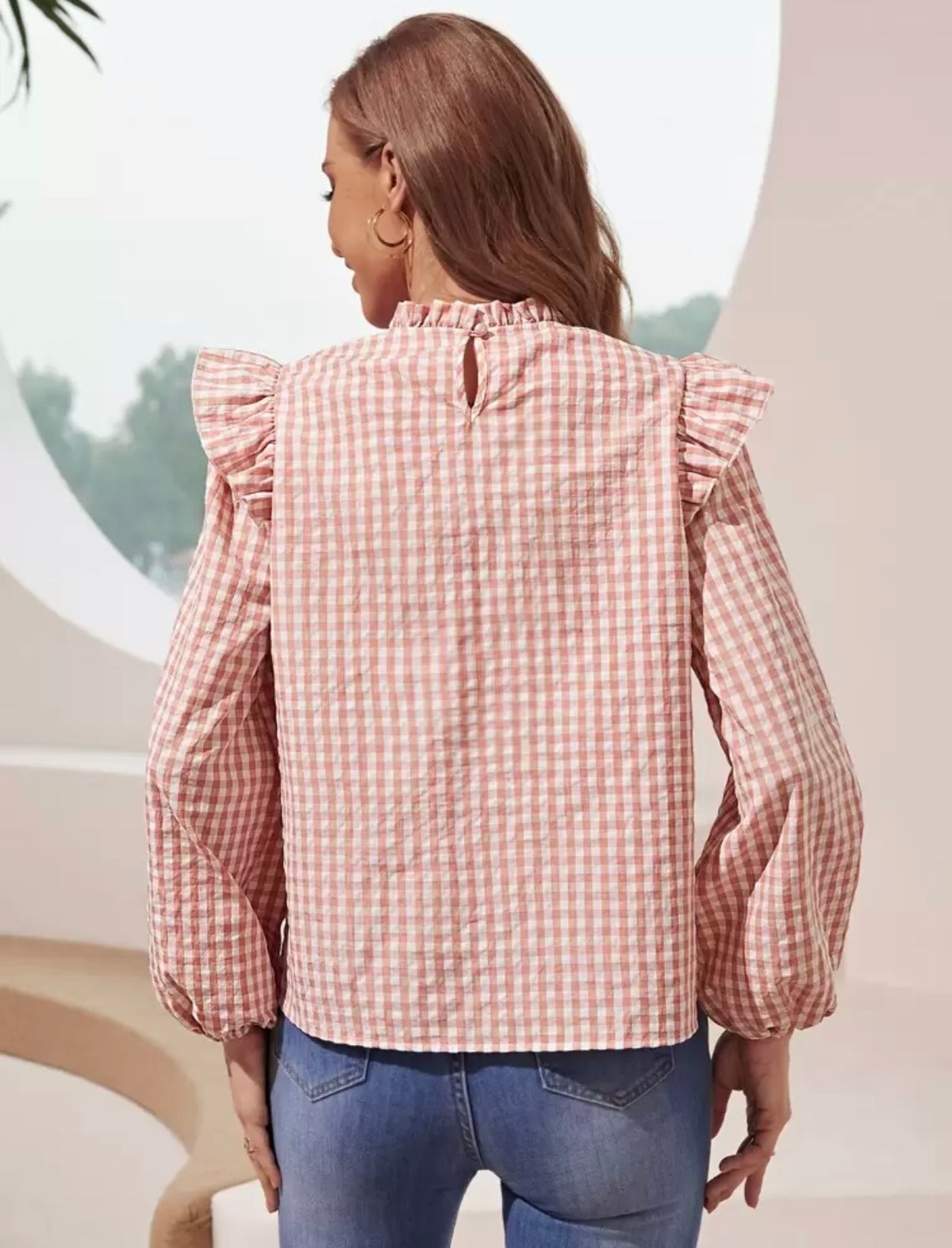 Frenchy Gingham Ruffle Trim Blouse